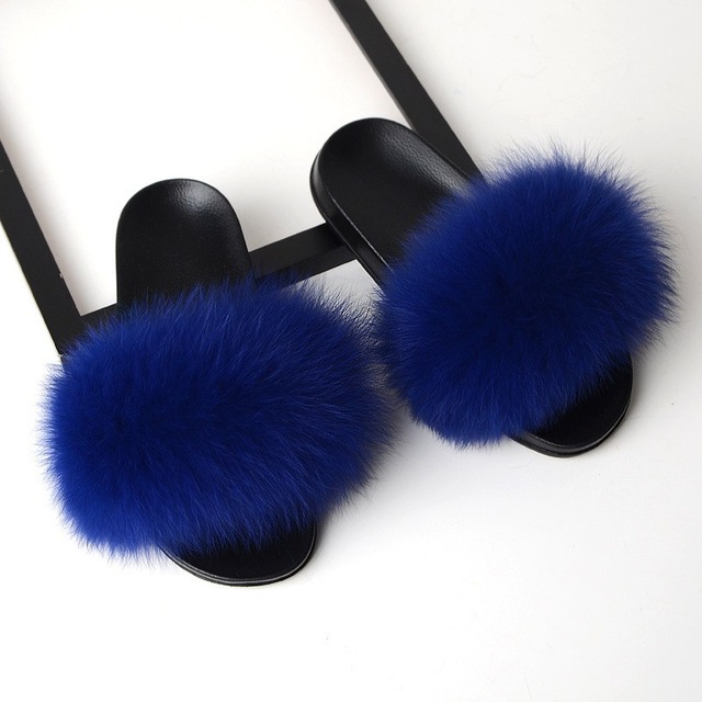 Women Fur Slippers Faux Fox Fur Slides Home Furry Flat Sandals Female Cute Fluffy House Shoes