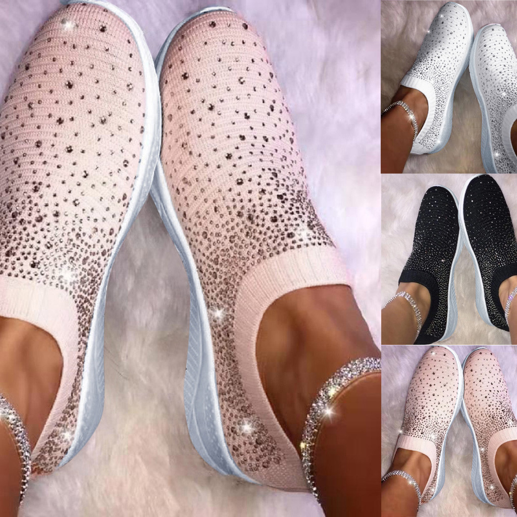 Women's Crystal Fashion Sneakers Ladies Ankle Slip On Sport Shoes Flat Loafers Casual Sock Shoes