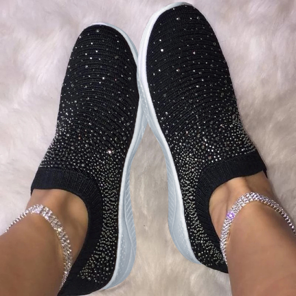 Women's Crystal Fashion Sneakers Ladies Ankle Slip On Sport Shoes Flat Loafers Casual Sock Shoes