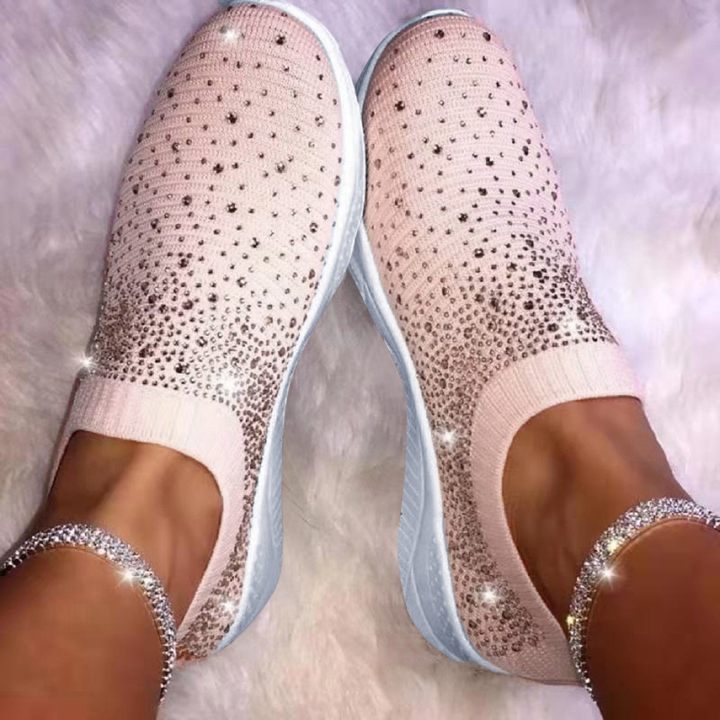 Women's Crystal Fashion Sneakers Ladies Ankle Slip On Sport Shoes Flat Loafers Casual Sock Shoes