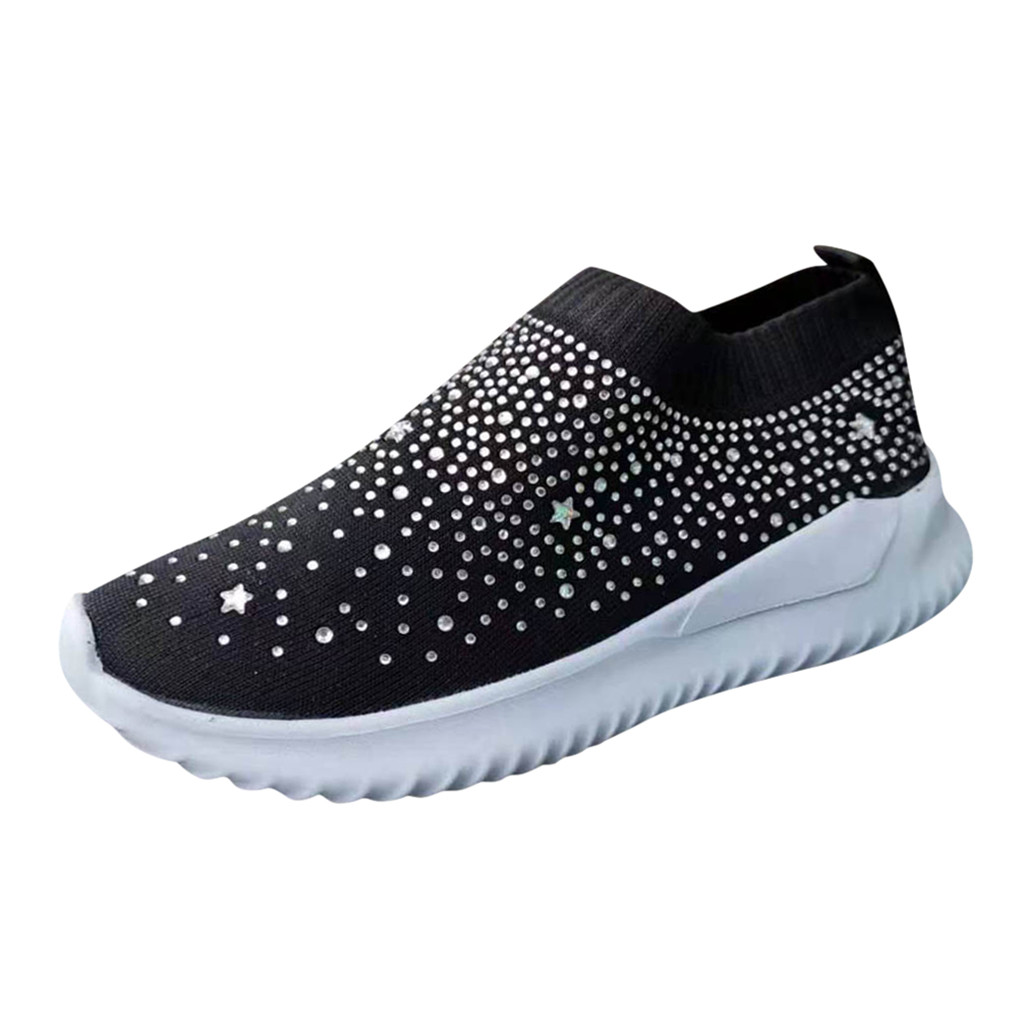 Women's Crystal Fashion Sneakers Ladies Ankle Slip On Sport Shoes Flat Loafers Casual Sock Shoes
