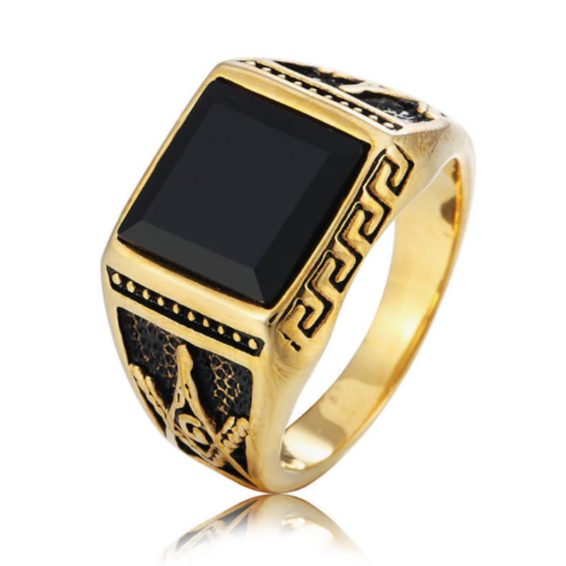 European and American pop punk goth retro black agate gem men's titanium steel ring
