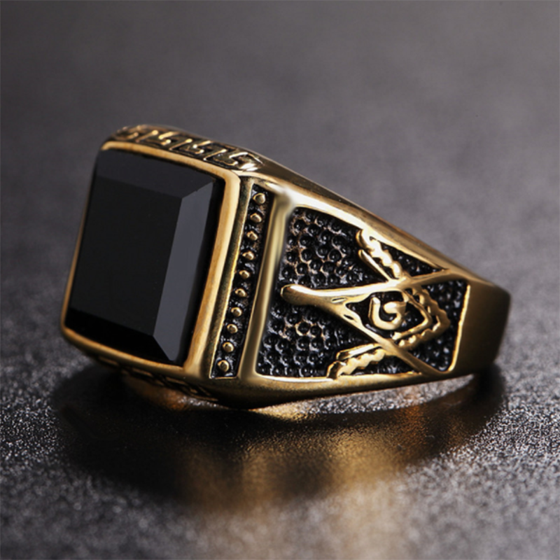 European and American pop punk goth retro black agate gem men's titanium steel ring