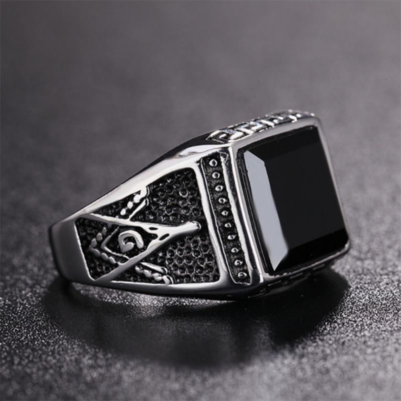 European and American pop punk goth retro black agate gem men's titanium steel ring