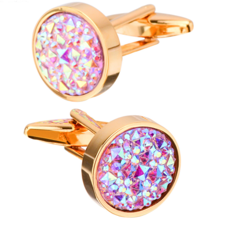 Men's French Shirt Round Inlaid Shiny Colorful Satellite Stone Cufflinks