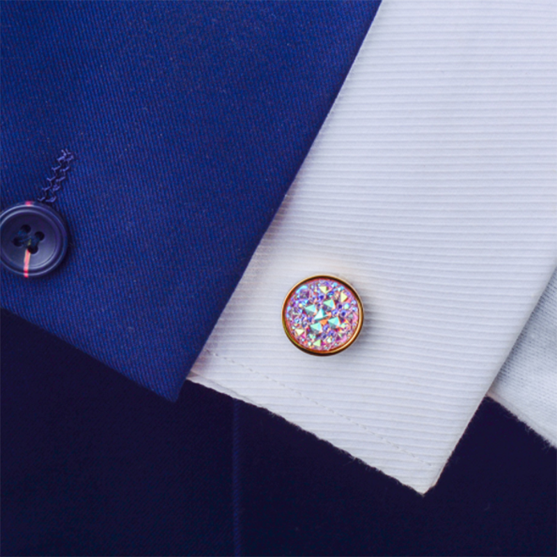 Men's French Shirt Round Inlaid Shiny Colorful Satellite Stone Cufflinks