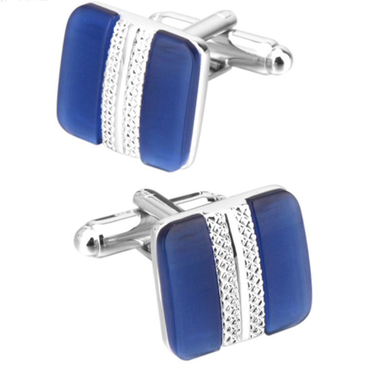Metal Cufflinks with Blue Cat's Eye Gemstones