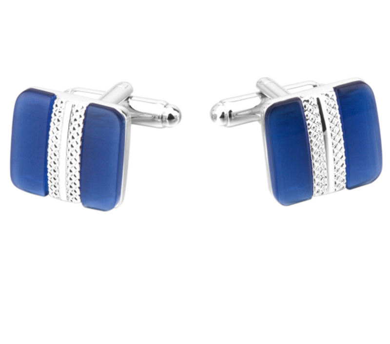 Metal Cufflinks with Blue Cat's Eye Gemstones