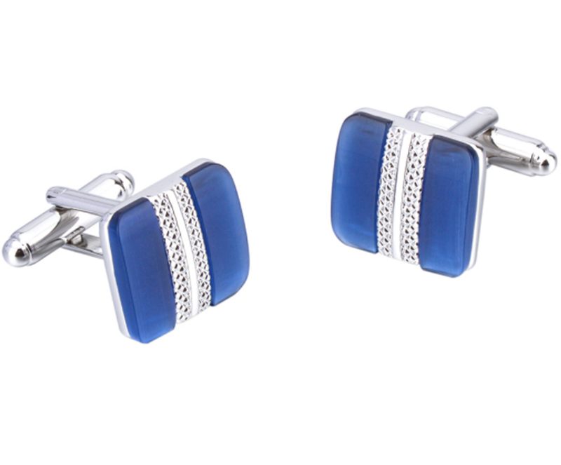 Metal Cufflinks with Blue Cat's Eye Gemstones