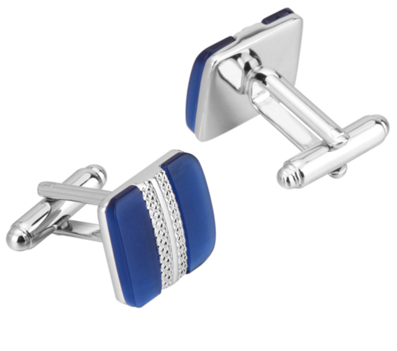 Metal Cufflinks with Blue Cat's Eye Gemstones