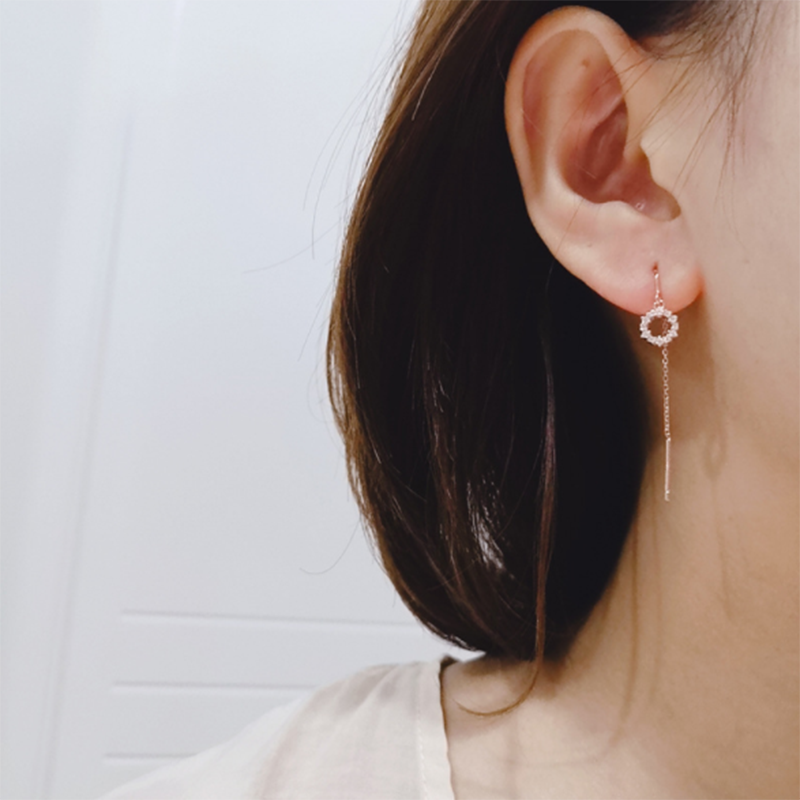 S925 Korean style long simple sterling silver circle tassel earrings