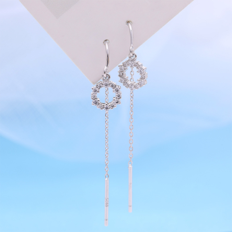 S925 Korean style long simple sterling silver circle tassel earrings