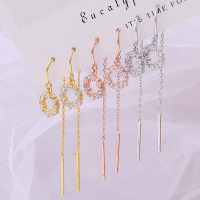 S925 Korean style long simple sterling silver circle tassel earrings