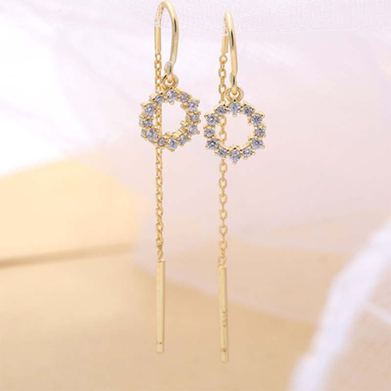 S925 Korean style long simple sterling silver circle tassel earrings