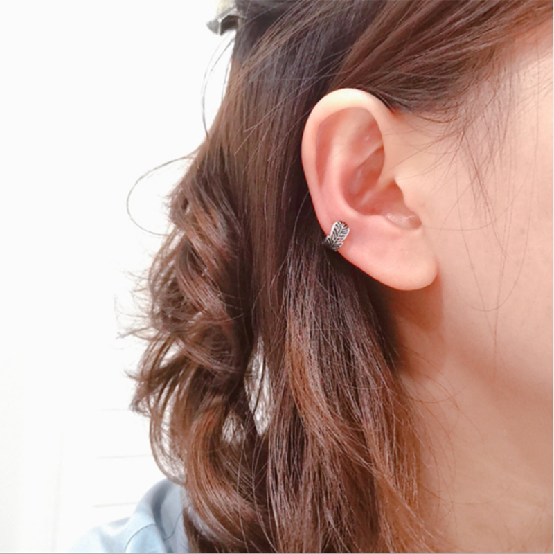 s925 sterling silver ear clip vintage old Thai silver punk simple trend leaf earrings
