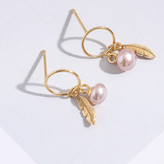 S925 Sterling Silver Gold Leaf Hanging Pearl Circle Earrings