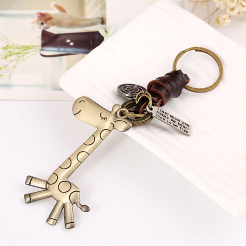 Alloy cute giraffe vintage woven leather keychain