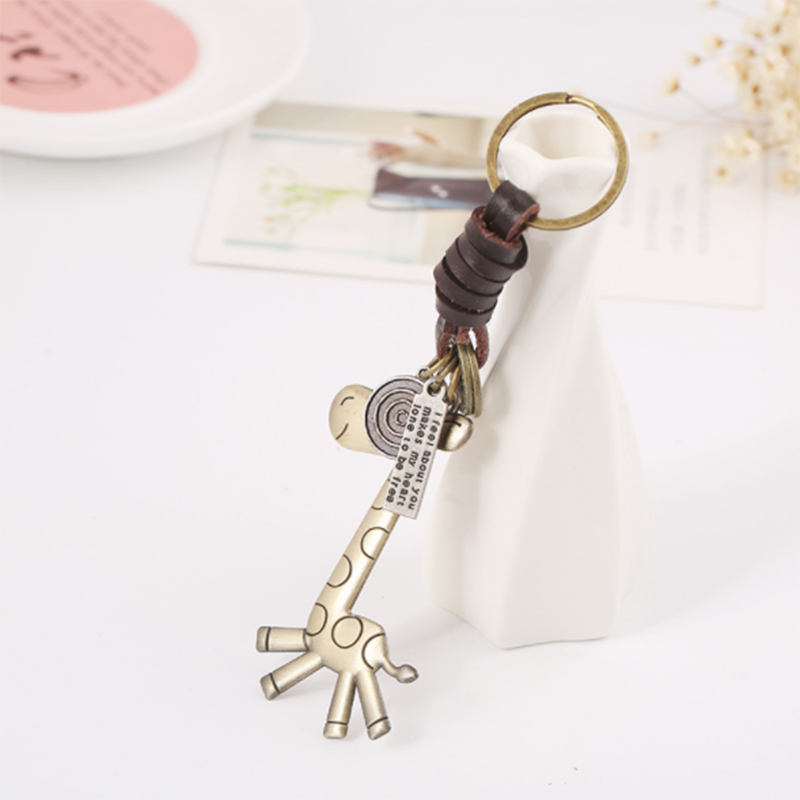 Alloy cute giraffe vintage woven leather keychain