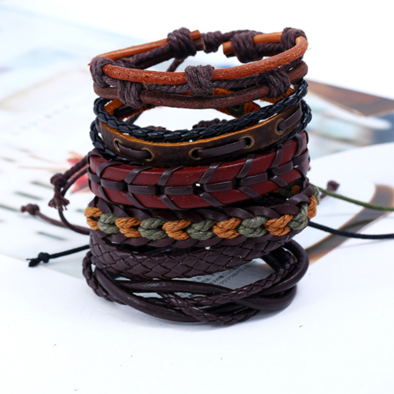 Woven DIY Six-piece Multi-layer European and American Leather Bracelet (Men's Other)
