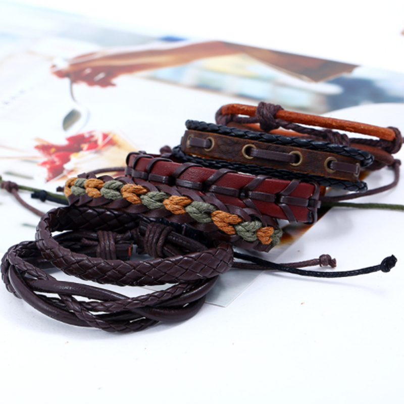 Woven DIY Six-piece Multi-layer European and American Leather Bracelet (Men's Other)