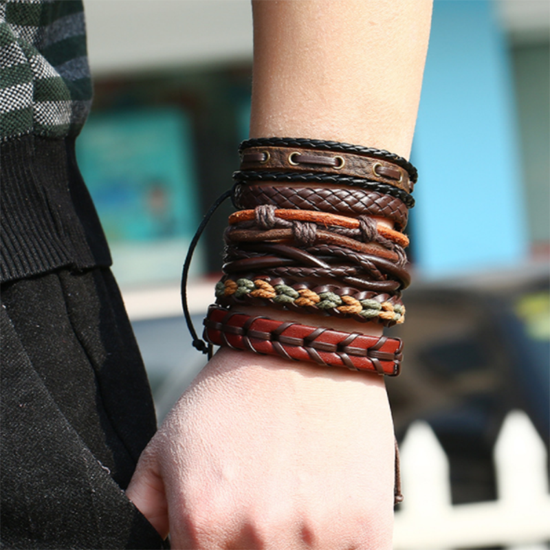 Woven DIY Six-piece Multi-layer European and American Leather Bracelet (Men's Other)