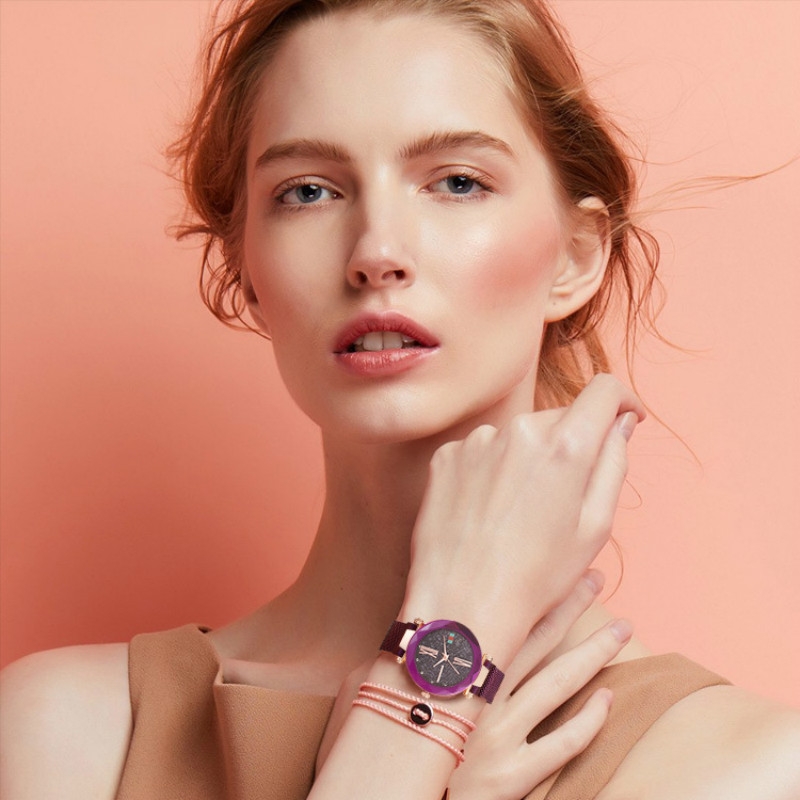 New fashions star quartz watches ladies magnet strap stainless steel plating mesh belt watchs women