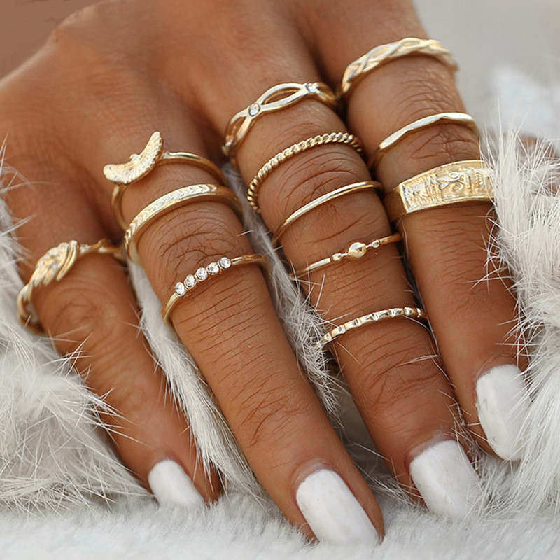 12 Pcs/set rings set for ladies retro diamond ring  knotted carved rings wedding jewelry women
