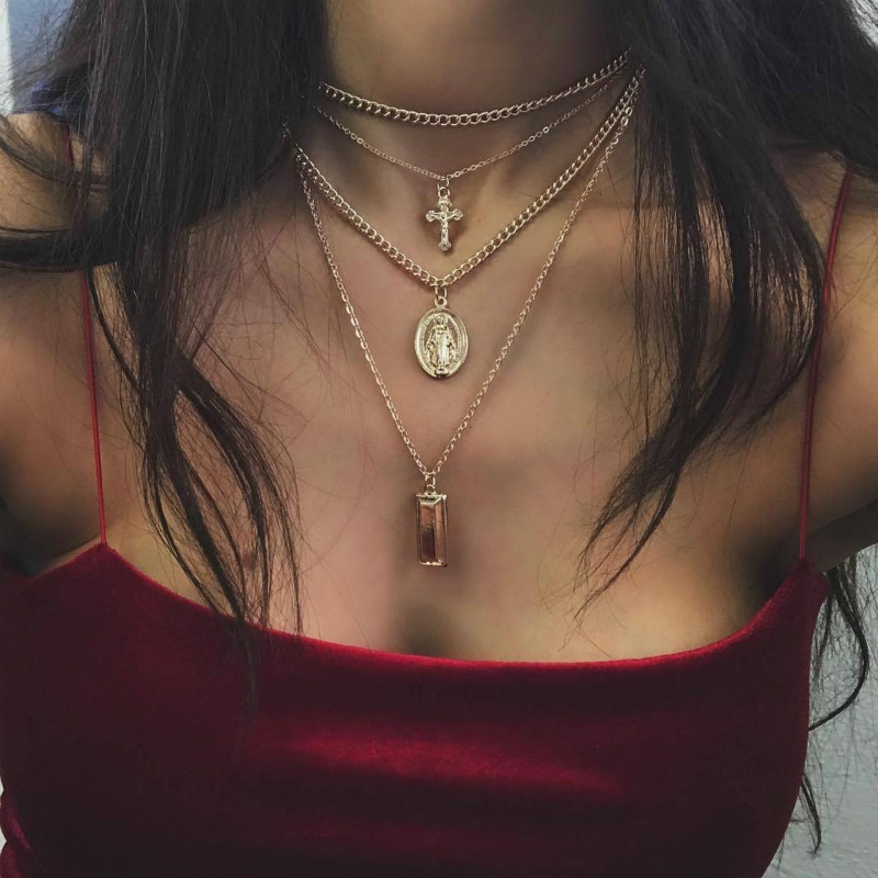 Gold multilayered necklaces and pendants for women long chain cross virgin mary jewelry fashion gift