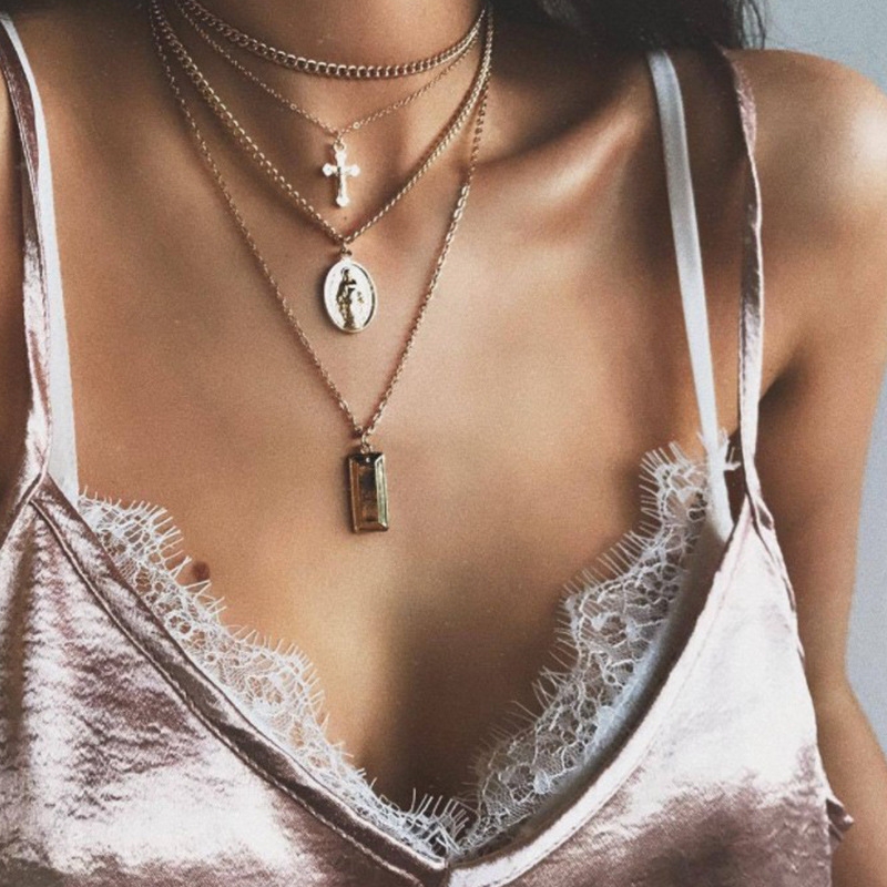 Gold multilayered necklaces and pendants for women long chain cross virgin mary jewelry fashion gift