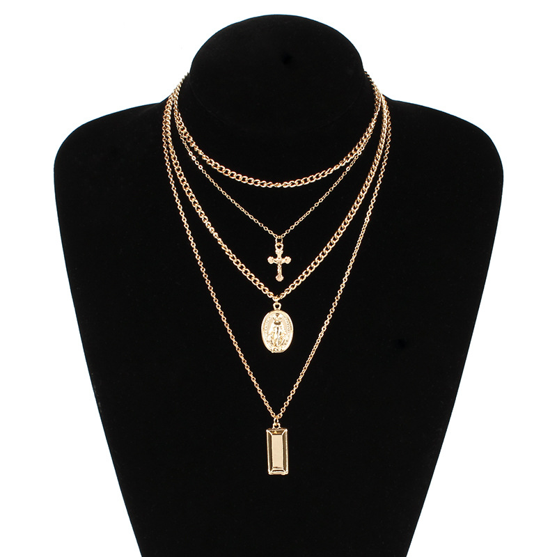 Gold multilayered necklaces and pendants for women long chain cross virgin mary jewelry fashion gift