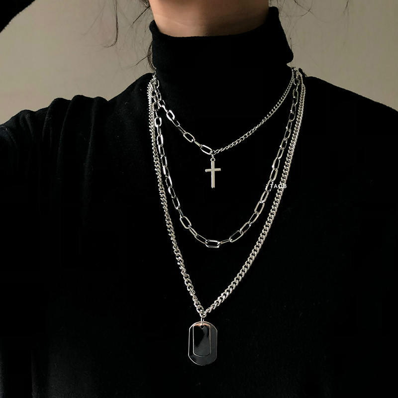 Personality cross square multilayer hip hop long chain cool necklace for women men jewelry gifts