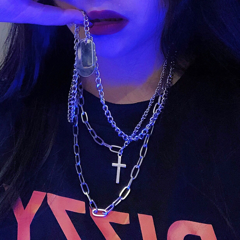 Personality cross square multilayer hip hop long chain cool necklace for women men jewelry gifts