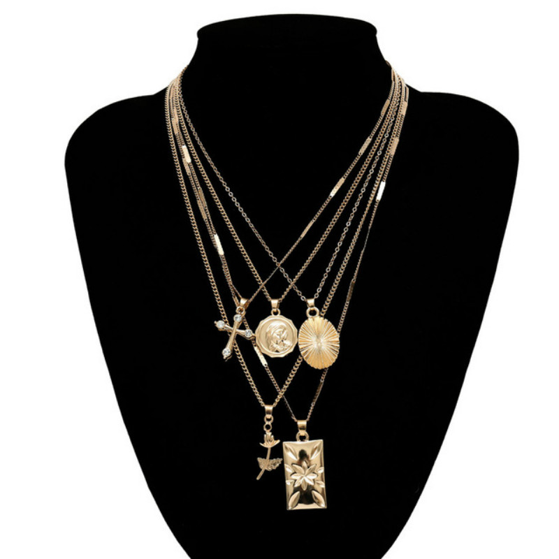 5PCS/SET Multilayer cross pendant choker necklace for women set long chain christian jewelry gifts