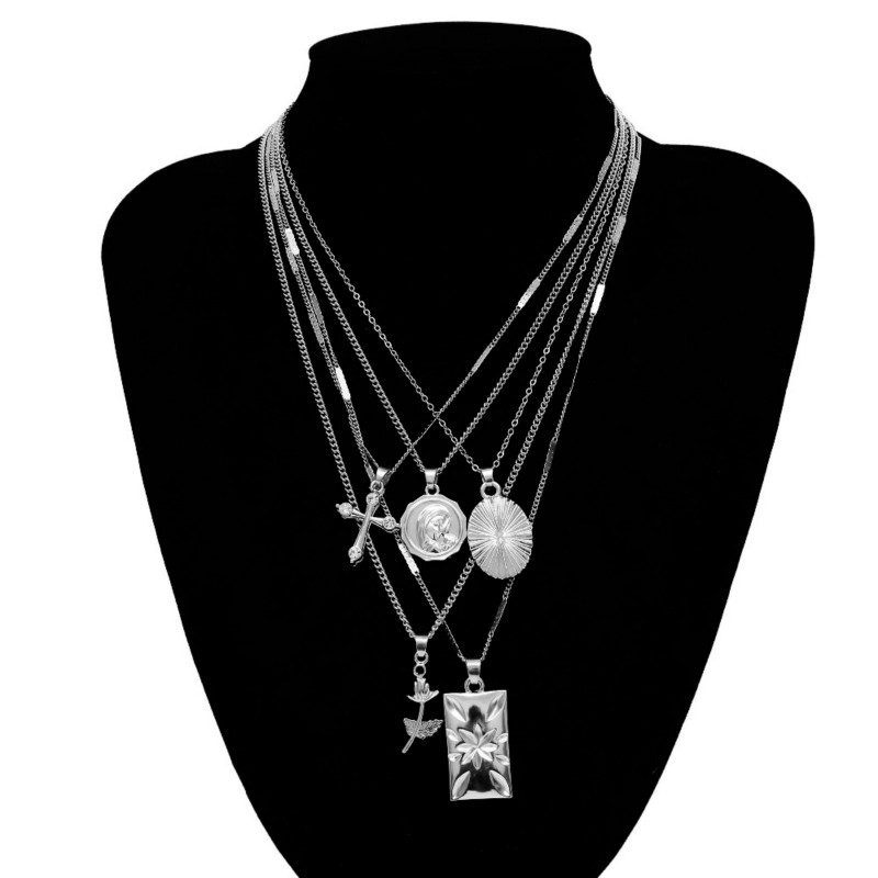 5PCS/SET Multilayer cross pendant choker necklace for women set long chain christian jewelry gifts