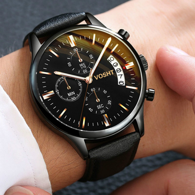 Watches men fashion sport stainless steel case leather band watch quartz business wristwatch watch