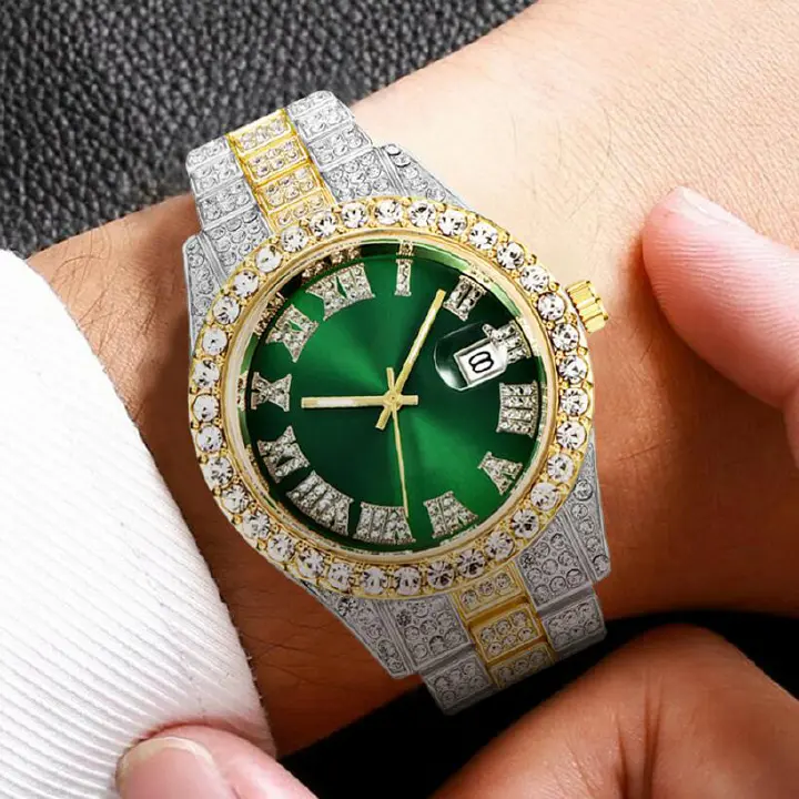 JC Luxury Men watches Calendar Star Roman Scale Diamond Custom Bling Hip Hop Fully Iced Watch Gold Blue Dial Quartz Diamond Quartz Watches Men