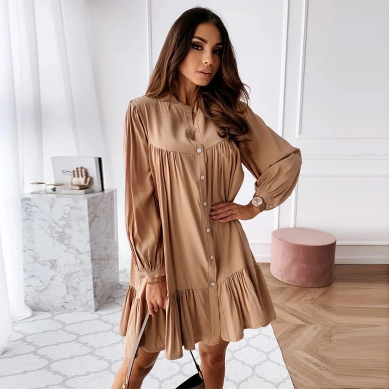 Women Vintage Ruffled Front Button A-line Dress Long Sleeve Stand Collar Solid Elegant Dresses