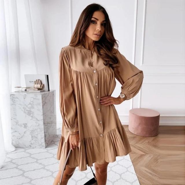 Women Vintage Ruffled Front Button A-line Dress Long Sleeve Stand Collar Solid Elegant Dresses