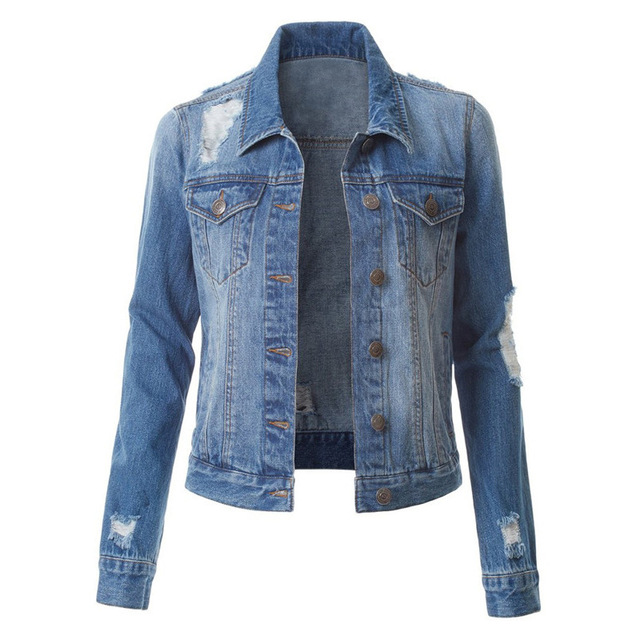 Ladies' new denim jacket with ripped holes and slimming jacket