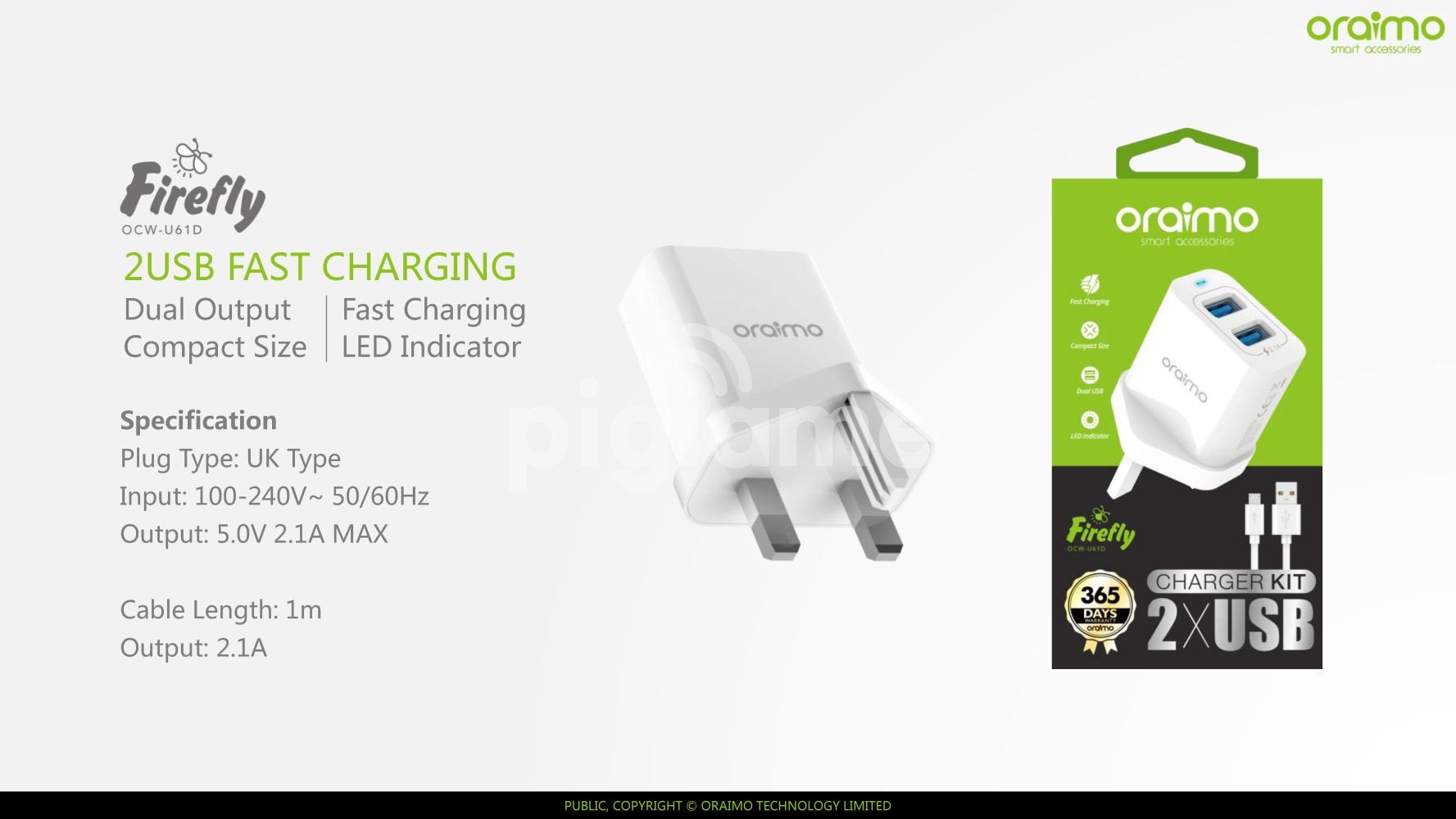 ORAIMO 2X USB FAST TRAVEL ADAPTER CHARGER KIT With charging cable