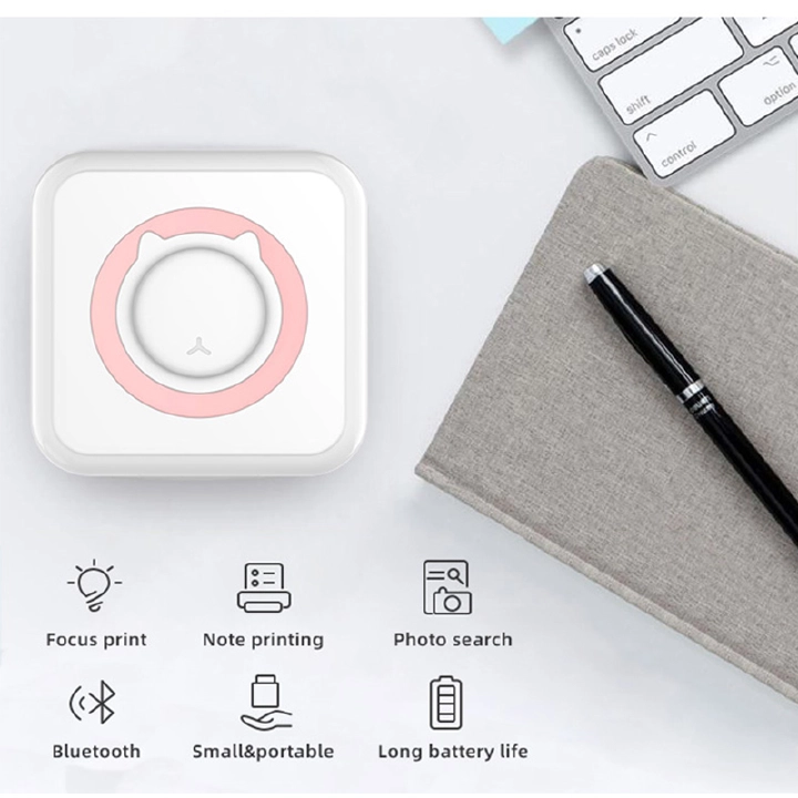 Portable Mini Thermal Printer Wireless BT 203dpi Photo Label Memo Error Printing and USB Cable Input Portable