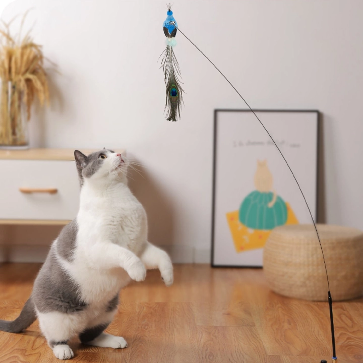 Powerful suction cup cat teaser stick, feather bite resistant, replacement cat toy, self high lever, relaxation tool cat teaser stick, steel wire feather bell