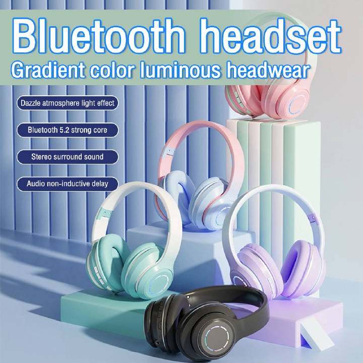 2023 Wireless Headset Gradient Color Bluetooth Headphone LED Light Music Earphone With Mic For iphone Kids Christmas Gifts