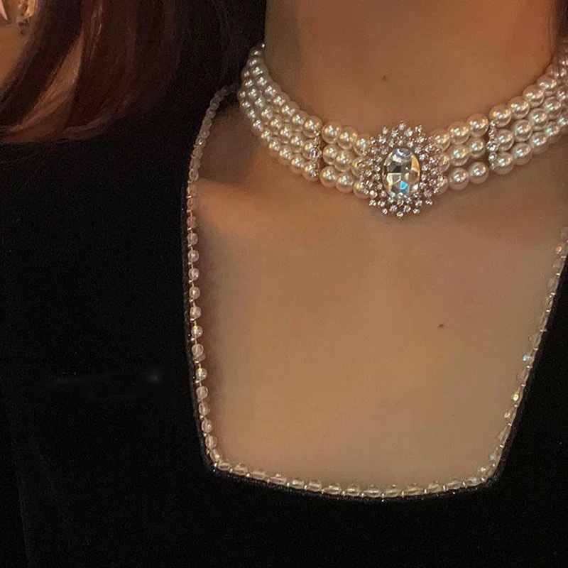 Vintage Style 3 Layers Pearl Choker Necklace For Women Elegant Crystal Short Necklace Party Jewelry