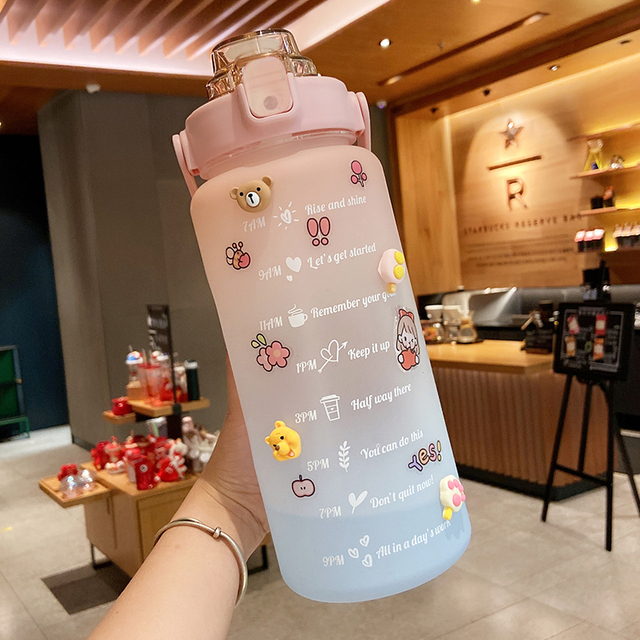 Motivational Water Bottle 2 Liters Student Drink Bottle With Straw Large Capacity Fitness Jugs Time Marker Sports Plastic Cups