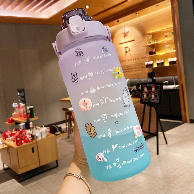 Motivational Water Bottle 2 Liters Student Drink Bottle With Straw Large Capacity Fitness Jugs Time Marker Sports Plastic Cups