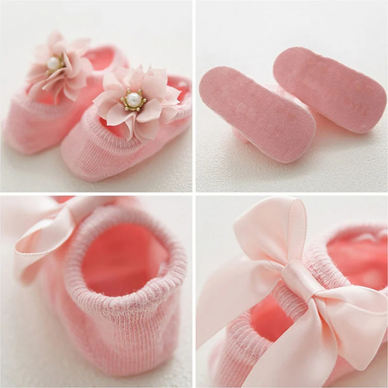 VEDO 3 Pairs/set Newborn Baby Socks Lace Flower Bowknot Baby Girl Socks Soft Cotton Rubber Sole Anti Slip Pure cotton with lovely shape for spring and autumn thin models Pink