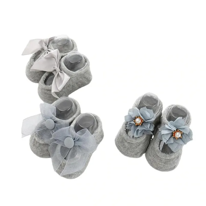 VEDO 3 Pairs/set Newborn Baby Socks Lace Flower Bowknot Baby Girl Socks Soft Cotton Rubber Sole Anti Slip Pure cotton with lovely shape for spring and autumn thin models Pink