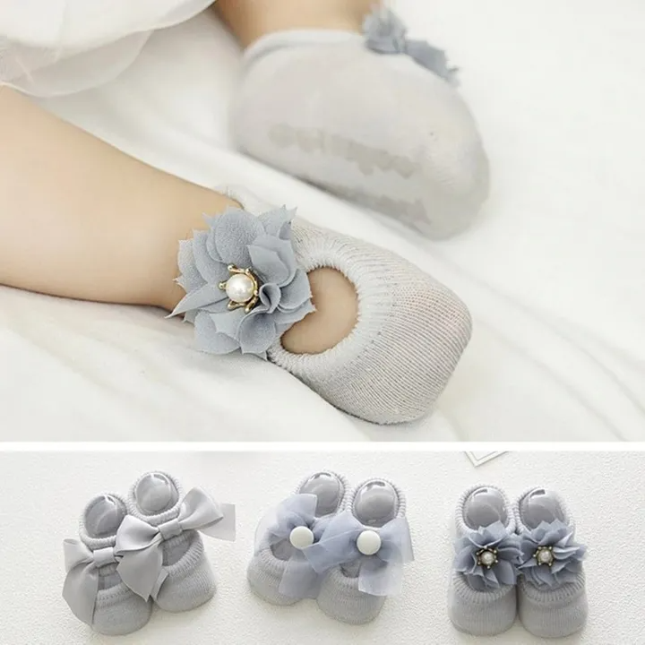 VEDO 3 Pairs/set Newborn Baby Socks Lace Flower Bowknot Baby Girl Socks Soft Cotton Rubber Sole Anti Slip Pure cotton with lovely shape for spring and autumn thin models Pink