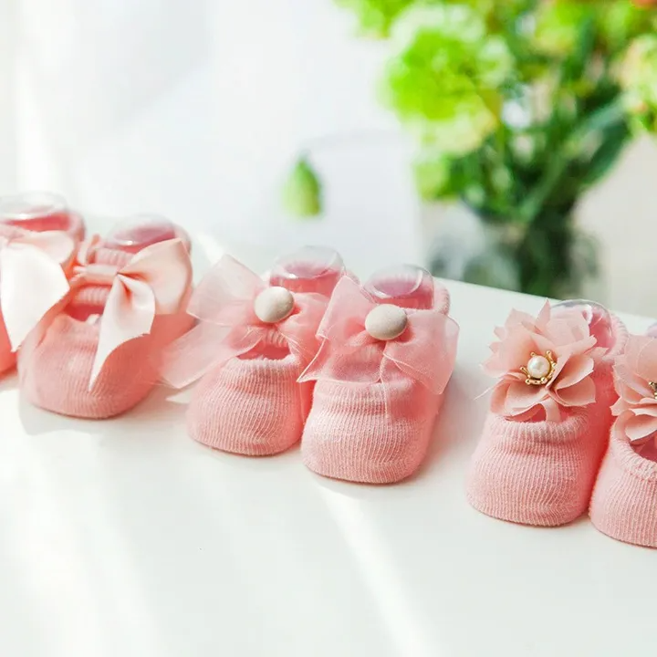 VEDO 3 Pairs/set Newborn Baby Socks Lace Flower Bowknot Baby Girl Socks Soft Cotton Rubber Sole Anti Slip Pure cotton with lovely shape for spring and autumn thin models Pink